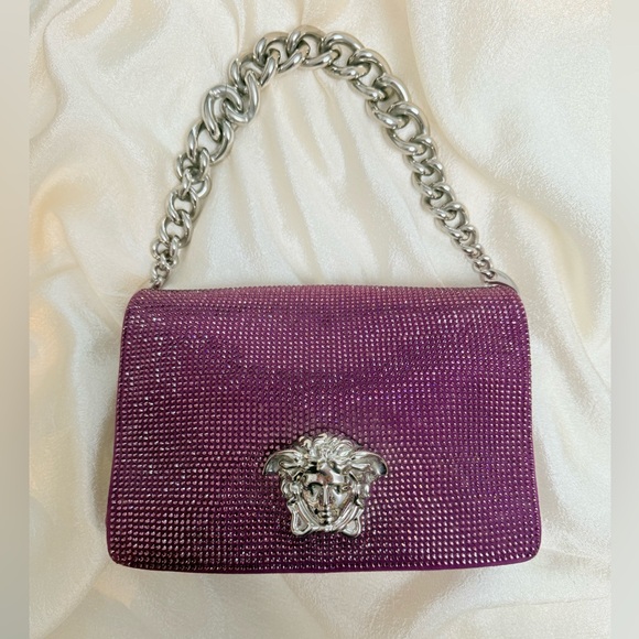 Versace La Medusa Sultan Purple Suede Crystal Embellished Chain Shoulder Bag - Picture 5 of 17